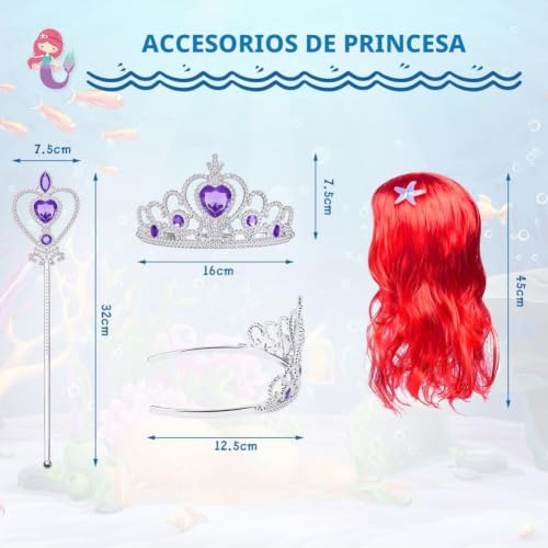 Miniatura 4 de Aoowu Disfraz Sirenita Niña, 4pcs Disfraz Princesa Niña De La Sirena Con Peluca, Corona Y Varita Mágica, Disfraz Sirena Niña Para Cosplay, Disfraz Halloween Niña Para Carnaval Fiesta Cumpleaños, 110cm