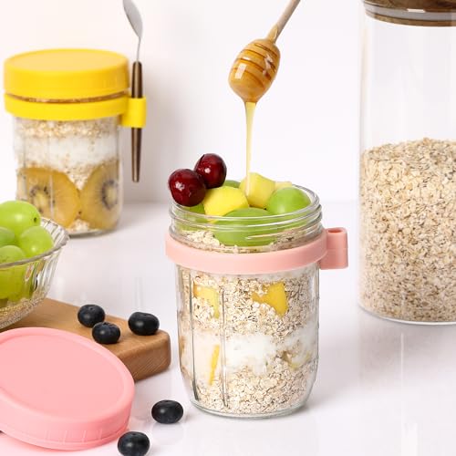 Image of 16 oz Glass Mason Overnight Oats Jars, Large Capacity Airtight Jars for Milk, Cereal, Fruit (Pink-2Pcs) 2 Pack Overnight Oats Containers with Lids and Spoon