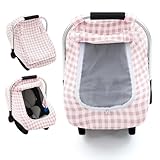 Muslin Car Seat Cover Baby, Breathable Infant Car Seat Cover with 2-Layers Window, Lightweight Car Seat Sun Shade Cover for Summer, Universal Carseat Canopy for Newborn Shower Gift (Pink)