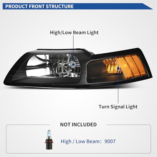 Image of OEDRO Headlight Assembly Compatible with 1999-2004 99 00 01 02 03 04 Ford Mustang, Headlamp with Amber Reflector, Black Housing Clear Lens