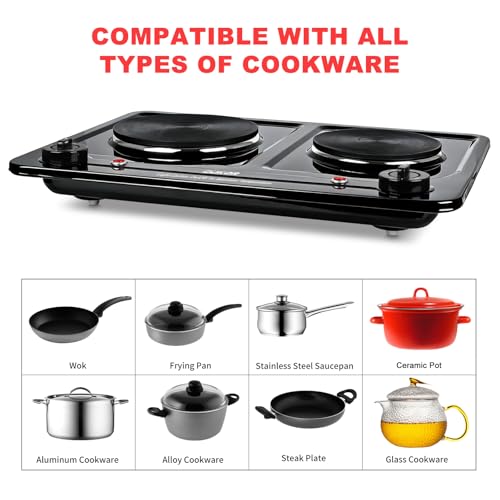 Image of Double Burner Electric Hot Plate, 1800W Cast Iron Heating with Adjustable Temperature Control, Stainless Steel Body for Home, Dorm & Commercial Use