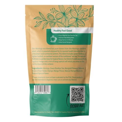 Fruity Moringa Vibes Herbal Tea &ndash; Green Rooibos with Mango, Passionfruit & Apricot &ndash; Antioxidant & Nutrient-Rich Tropical Blend &ndash; 35 Tea Bags Included - Caffeine-Free Loose Leaf, 3 oz.