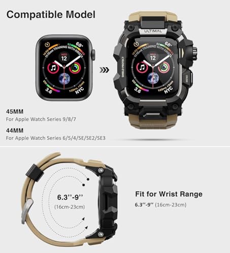 Image of ULTIMAL Rugged Case with Band for Apple Watch 44mm,Compatible with Apple Watch Series SE 3 /SE 2 /SE Generation /6 /5 /4, Military Grade Shockproof Bumper Cover for iWatch Tactical Band Men (44mm,Desert Yellow)