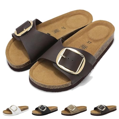 Wizshoe Sandalias Mujer Cómodas Sandalias de Pala Plantilla de Corcho Hebilla Ajustable Zapatillas Verano Punta Abierta Mules Antideslizante Chanclas Plano Marrón 41EU