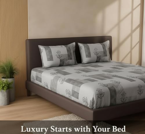 Image of 400 TC Cotton Feel Glace Cotton Double Bed Elastic Fitted Bedsheet King Size Set 78 x 72 Inches || 1 Elastic Bedsheet King Size Cotton & 2 Pillow Covers (Silver Lattice)
