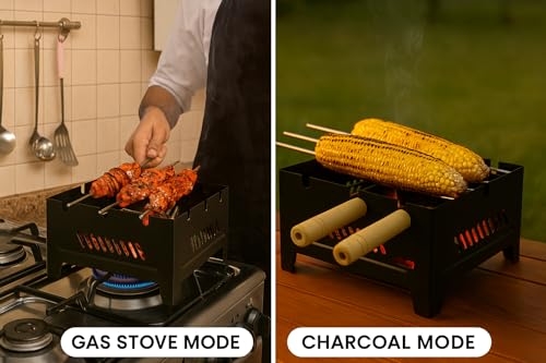 Image of Chefman Portable Charcoal & Gas Barbeque Grill | 2-in-1 Outdoor BBQ with 3 Skewers | Portable Tandoor for Home, Travel & Camping