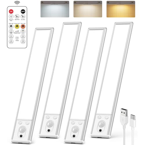 Image of 10inch Under Cabinet Lighting Wireless, LED Rechargeable Motion Sensor Light Indoor, Closet Lights with Remote, 3 Color Temps, Dimmable, Magnetic Under Counter Light for Kitchen, Stair, 4 Pack