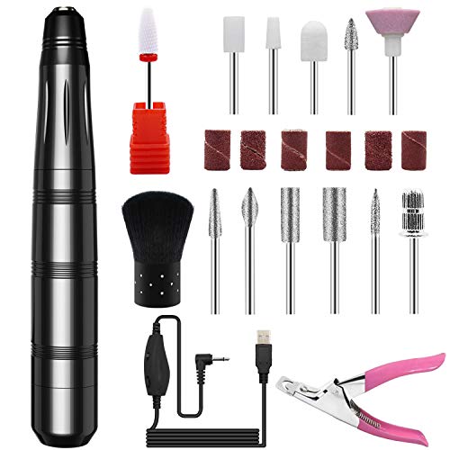 Electric Nail Drill, Portable Professional Nail File Manicure Pedicure Drill Kit for Acrylic, Gel Nails, Cuticle Polishing Shape Tools with 12PCs Nail Drill Bits, Sanding Bands and Nail Clipper