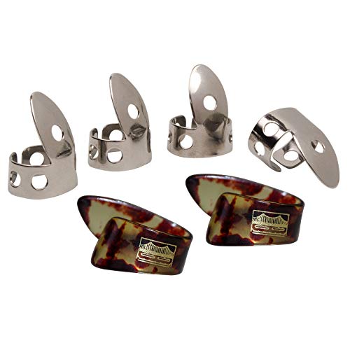 D'Addario National Guitar Picks - Finger Picks for Acoustic Guitar - Banjo Picks - Finger Picks & Thumb Pick Set - Fingers & Thumbs - Medium - Stainless Steel & Mock Tortoise Celluloid - 6 Picks