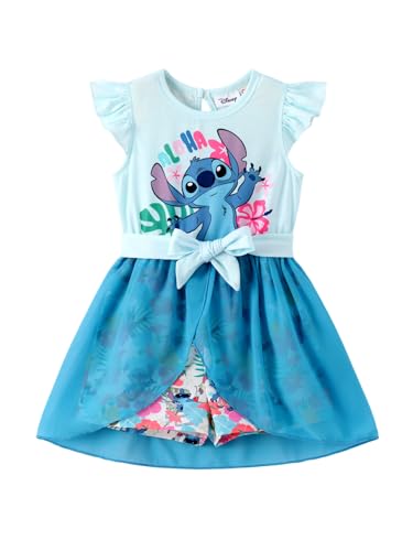 Disney Lilo & Stitch Toddler Girl Romper With Tulle Skirt Overlay Ruffle Sleeves Jumpsuit with Bow Kids One Piece Outfit Summer Clothes Blue 3T