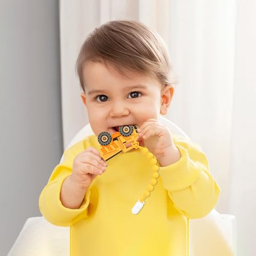 Image of Baby Food Grade Silicone Carrier Vehicle Teether Toy with Pacifier Clip Holder,Teething Toys Gift Set for 3 Months+ Boys and Girls,Freezer Safe,BPA Free. (Dump Truck)