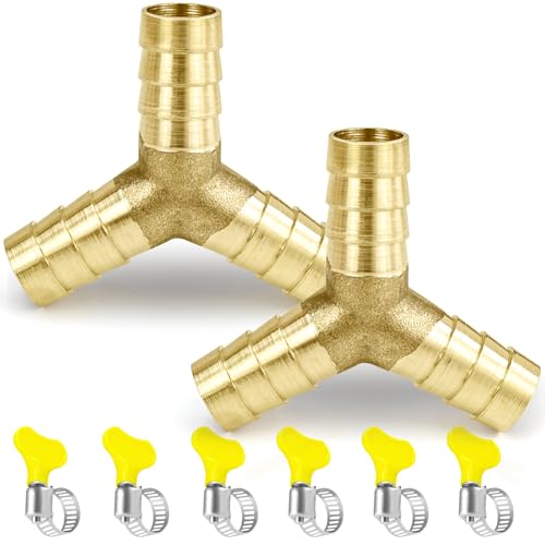 FLEXNOVA 2 Stück Y Stück 1/2 Zoll (12mm) Messing mit 6 Stück Schlauchklemmen, Y Verteiler Gartenschlauch Wasserverteiler 1/2 Zoll Wasseranschluss 3-Wege-Schlauchverbinder Stutzen Verbinder