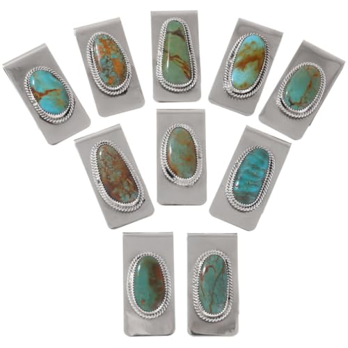 Navajo Turquoise Mountain Single Nugget Silver Money Clip Sterling Twist Wire Design on German Silver Clamp 34313