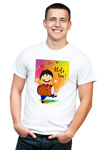 Image of Knitted Polycotton Fabric Regular Fit Men Boys Half Sleeve T-Shirt for Festival of Holi Style 14 White Size : Free