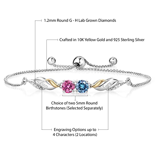 Gem Stone King 925 Sterling Silver and 10K Yellow Gold Customized and Personalized Engrave Gemstone Birthstone and white Lab Grown Diamond Tennis Bracelet For Women Fully Adjustable Up to 9 Inch2