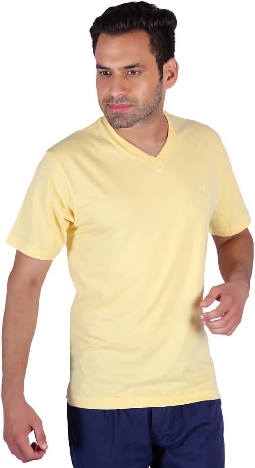 HUMBERT Men's V-Neck Regular Fit Half Sleeve Solid T-Shirt|Yellow