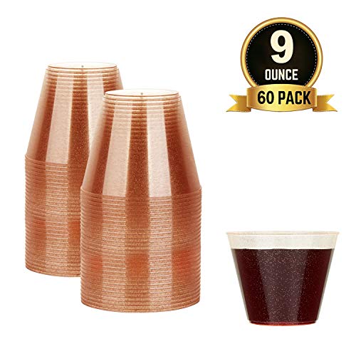 TOROTON 60 Copas de Plástico con Brillo, 250ml Copas de Vino Duro Transparente Reutilizables, para Catering Fiestas Cumpleaños Bodas Cócteles - Oro Rosa