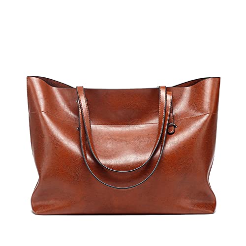 ANNI RIEL Bolsa feminina clássica de couro genuíno para mulheres, bolsa de ombro de grande capacidade, bolsa de mão com zíper, Marrom, Large