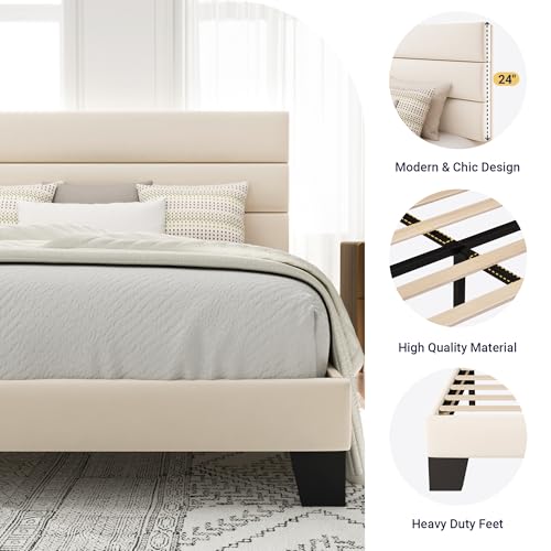 Image of Allewie King Size Platform Bed Frame with Velvet Upholstered Headboard and Wooden Slats Support, Fully Upholstered Mattress Foundation /No Box Spring Needed /Easy Assembly, Cream