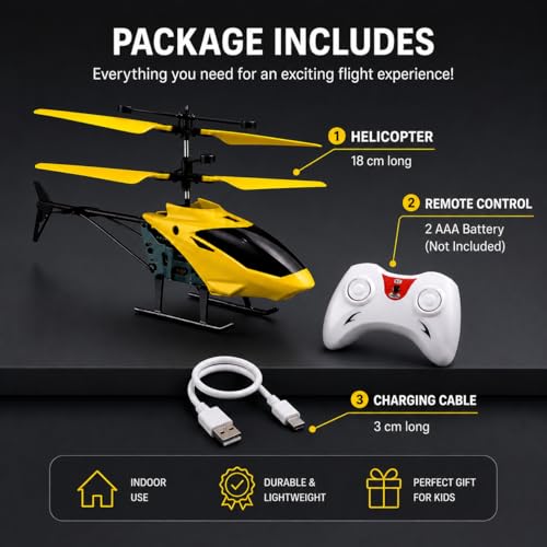 Image of KIDZYMON New Age Technology RC Helicopter with USB Cable, Safety Sensor 3.1, Gravity 2.6, 3D Light, Charging Battery, Indoor and Outdoor Flying, Remote Battery not Included (Yellow Colour)