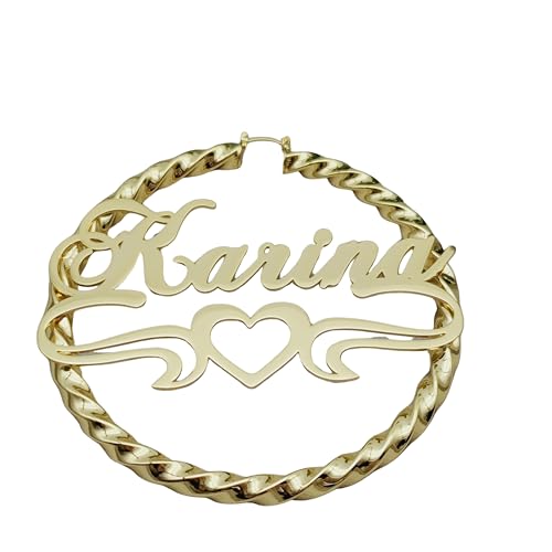 SingSun Custom Name Hoop Earrings 30/50/70/90mm - 90s Gold Heart Design for Women, Personalized Engraved Gifts with Box (18K Plated)