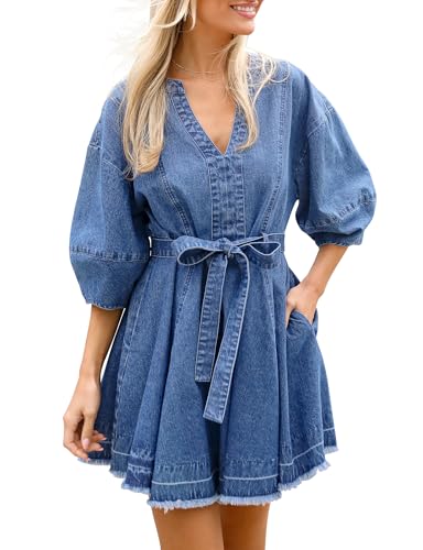 Womens Denim Dress Casual Jean Dress Loose Fit Slim Denim Dress Belt Denims Dresses for Women 2025 with Pocket