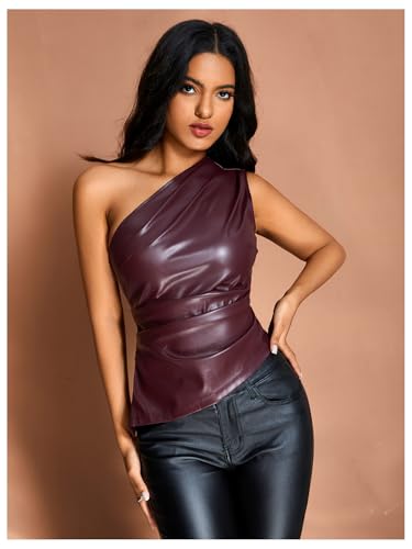 MakeMeChic Women's Faux Leather Top Y2k One Shoulder Sleeveless Asymmetrical Ruched Tops Concert Club Outfits4