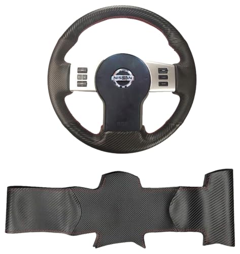 Black Carbon Fiber&Perforated Leather Steering Wheel Cover Hand-Stitch Sew on Wrap for Nissan Pathfinder 2005-2012 / Nissan Xterra 2005-2015 / Nissan Frontier 2005-2019 (Matte Carbon Fiber+Leather)