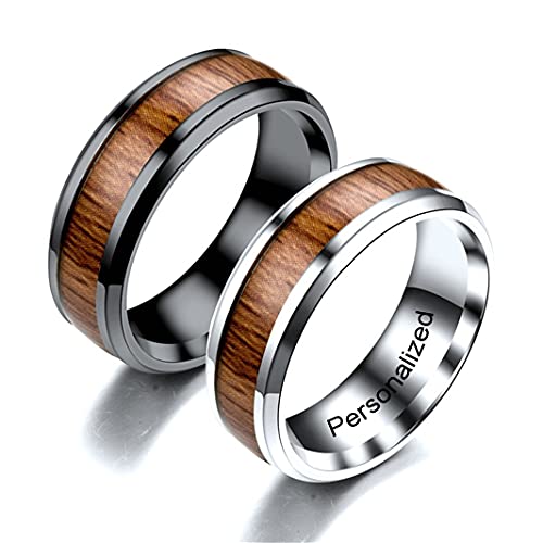 Anillo personalizado para pareja Unisex con incrustaciones de madera anillos de hombre dentro puede grabar Anillos de Compromiso de boda personalizados titanio acero 8MM 6-13 # (Couple ring,1 PAIR) Cover