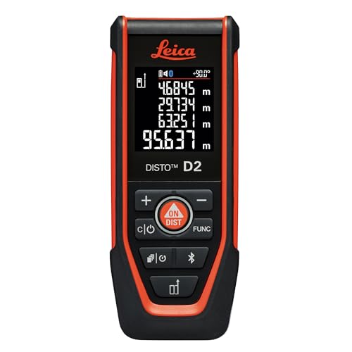 Leica DISTO D2 Multi-Functional Laser Measure with NFC and Bluetooth (app use) fold-Out end-piece (Automatic Detection) and tilt Sensor for Indoor Measurements (with 150 m Range)