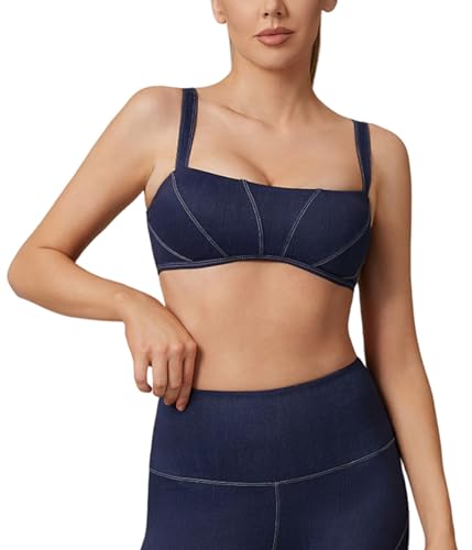 Move With You Womens Denim Sports Bras- Scoop Neck Yoga Contrast Low Coverage Padded Bra 01