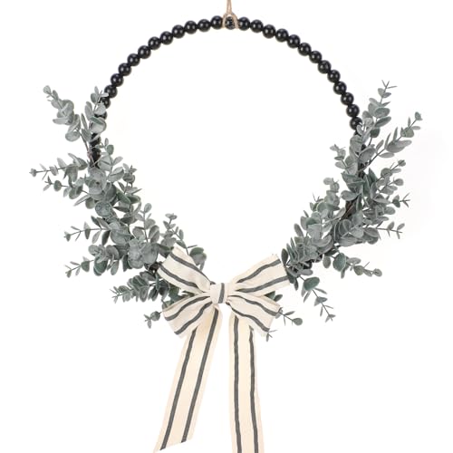 Wood Bead Eucalyptus Leaf Wreaths - 13 Inch Natural Greenery Wreaths Boho Wall Hanging Decoration for All Season Bedroom Room Rustic Farmhouse Home Indoor Outdoor Window Decor