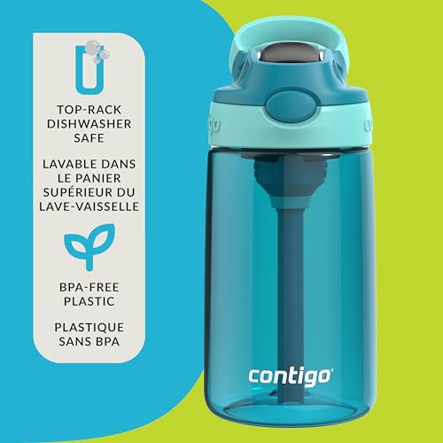 Image of Contigo Kids Aubrey Straw Water Bottle with Leak-Proof Lid, BPA-Free Plastic, Dishwasher Safe, Juniper Jade Vine, 14 oz (414 mL)