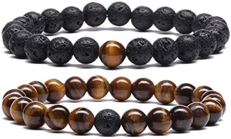 MengPa Mens Beaded Bracelets Couples Matching Bracelet Set Tiger Eye Lava Rock Beads for Women Stone Jewelry (Brown) US4163F