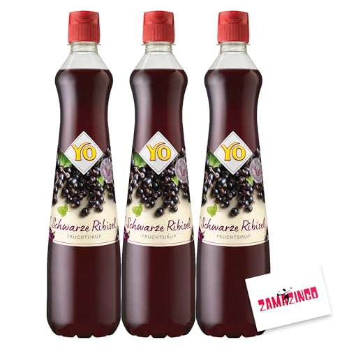 YO Fruchtsirup Schwarze Johannisbeere Ribisel (3er Pack) | Vegan | Sirup 700ml - mit intensivem Geschmack Ideal für Cocktails und Getränke Mixen + Zama4Zingo Karte