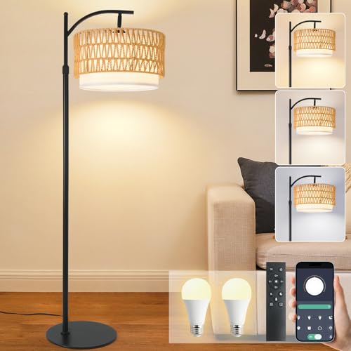 DRAWNCAT Rustic Black Farmhouse Floor Lamp with Woven Rattan Shade - 12W LED, Remote & Dimmable 3-Color Temp, Tall Standing Lamp for Living Room