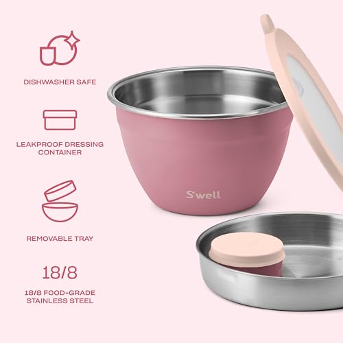 Image of S'well Stainless Steel Salad Bowl Kit 64oz, Dusty Pink, Comes with 2oz Mini Canister and Removable Tray for Organization, Leakproof, Easy to Clean, Dishwasher Safe