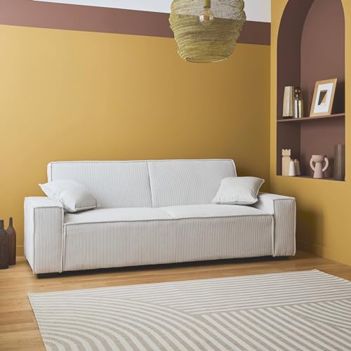 Sweeek - Sofá convertible de 3 plazas, color blanco crema pana (231 x 96,5 x 80 cm), color blanco