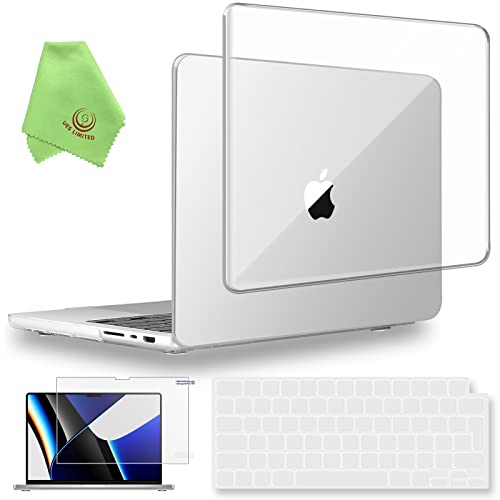UESWILL 3 en 1 compatible con MacBook Pro de 16 pulgadas M4 M3 M2 M1 Pro Max chip (versión 2021-2024), funda de cristal transparente brillante + cubierta de teclado de diseño del Reino Unido +