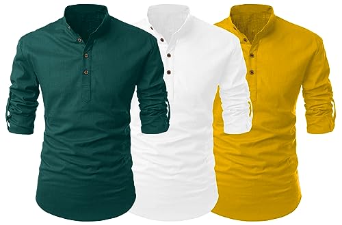 Image of FINIVO FASHION Combo of Men's Cotton Blend Solid Regular Fit Full Sleeve Straight Short Kurta Shirt, Casual and Formal Wear