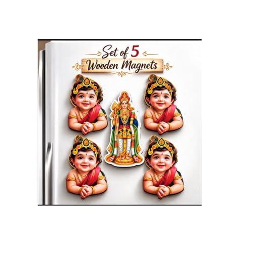 Image of Baby Murugan Fridge Magnet Set of 5 | Cute Wooden Murugan Magnet for Refrigerator, Cupboard & Locker | Hindu God Murugan Photo Magnet | Pooja Room Decor | Spiritual Gift Return Gift