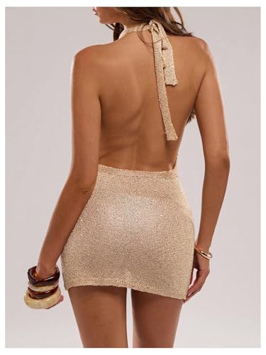 Floerns Women's Y2k Going Out Backless Sexy Halter Dress Draped Cowl Neck Sparkly Sequin Party Bodycon Mini Dresses2