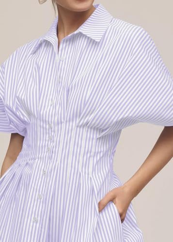 Image of Women Summer Short Sleeve Button Front Pleated Shirt Dress Striped Collar V Neck Casual Y2k Swing Short Mini Dress