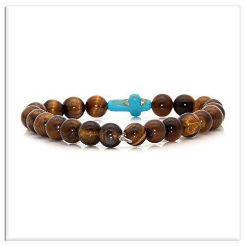 Image of Xusamss Fashion Religious Cross Bracelet 8mm Tiger Eye Turquoise Beads Elastic Bracelet,7 1 /2 wrist