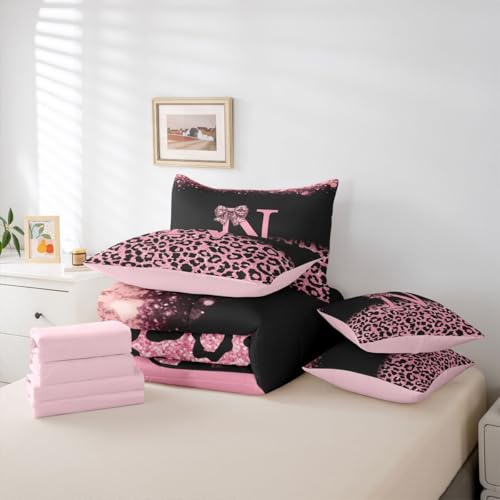 Image of Feelyou Pink Leopard Bow Comforter Set with Sheets 7 Piece Full Size Initial Letter N Bed in a Bag Kids Boys Girls Girly Bowknot Bedding Set Bedroom Decor Breathable Soft Lightweight Microfiber