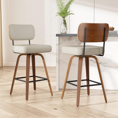 Image of Swivel Bar Stools Set of 2, 26 inch Upholstered Modern Faux Leather Counter Height Barstools with Walnut Back & Bentwood Legs, Mid Century Bar Chairs Island Stools for Kitchen Counter, Beige Grey