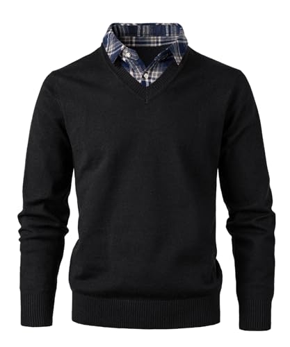OlyljpinZ Homme Pull Col en V avec Empiècement col Chemise Classiques Chenille Pull en Maille Doublé en Polaire Slim Fit Sweat à Manches Longues pour...