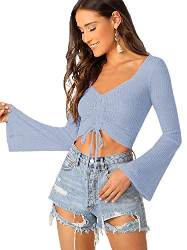 SweatyRocks Women s Adjustable Drawstring String Long Bell Sleeve Rib Knit Sexy Crop Top Light Blue M