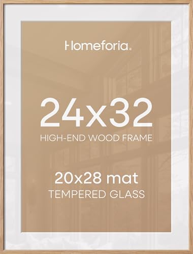 Image of Homeforia 32x24 Poster Frame Wood, High End Natural Oak 24x32 Large Picture Frame with Mat 20x28, 24 x 32 Light Wooden Frame Matted to 20 by 28 Photo, 24by32 Frames, Tempered Glass, Wall Kit, Set of 1