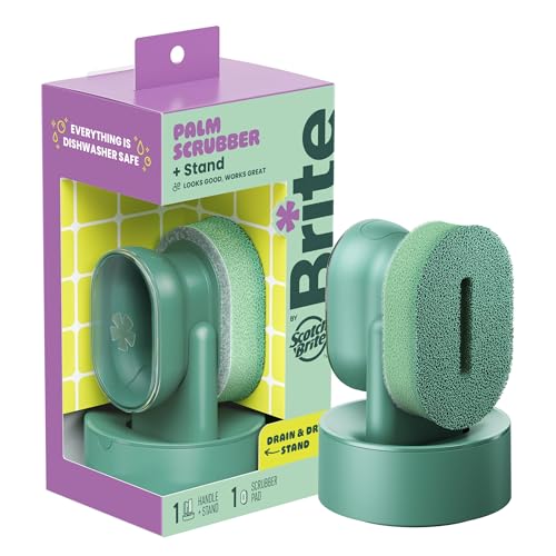 Brite by Scotch-Brite Palm Scrubber with Drain + Dry Stand, Household and Kitchen Sponge for Washing Dishes with Comfy Grip, 1 Scrub Sponge with Soap Dispenser